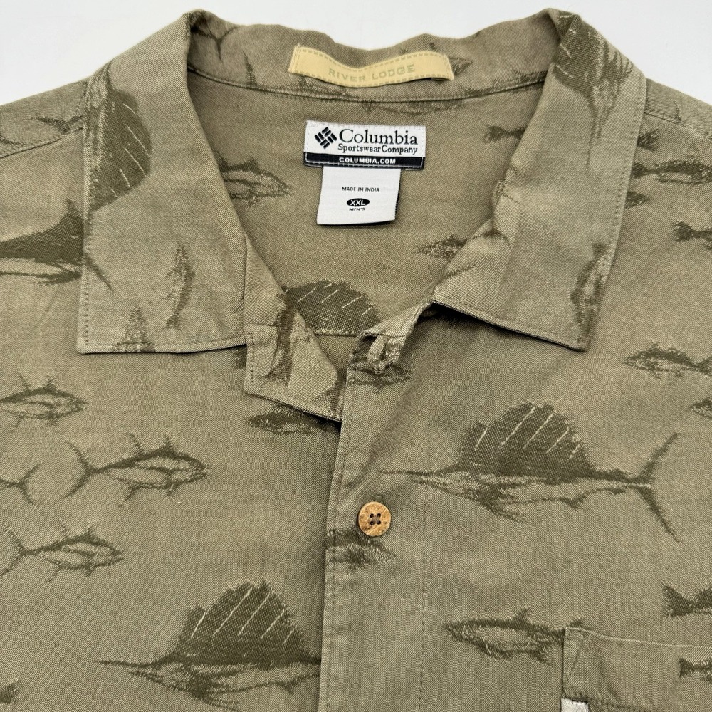 Columbia Button Up Men XXL Olive River Lodge Fish Jacquard FM7212 Short Sleeve